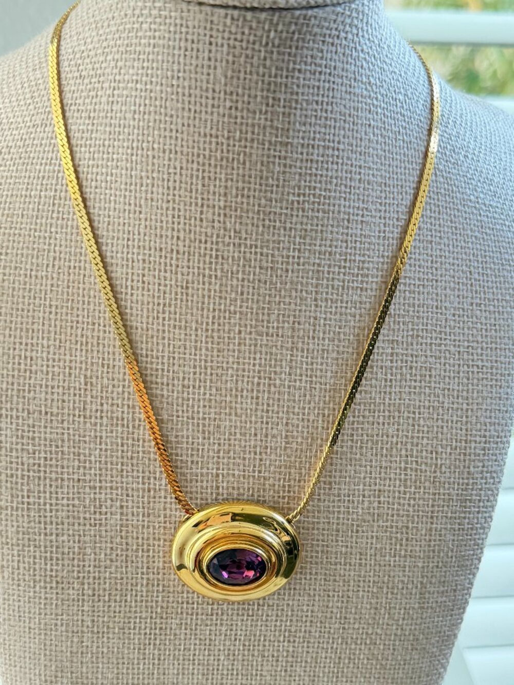 Vintage Givenchy Gold Tone Amethyst tone Pendant Necklace Full Set